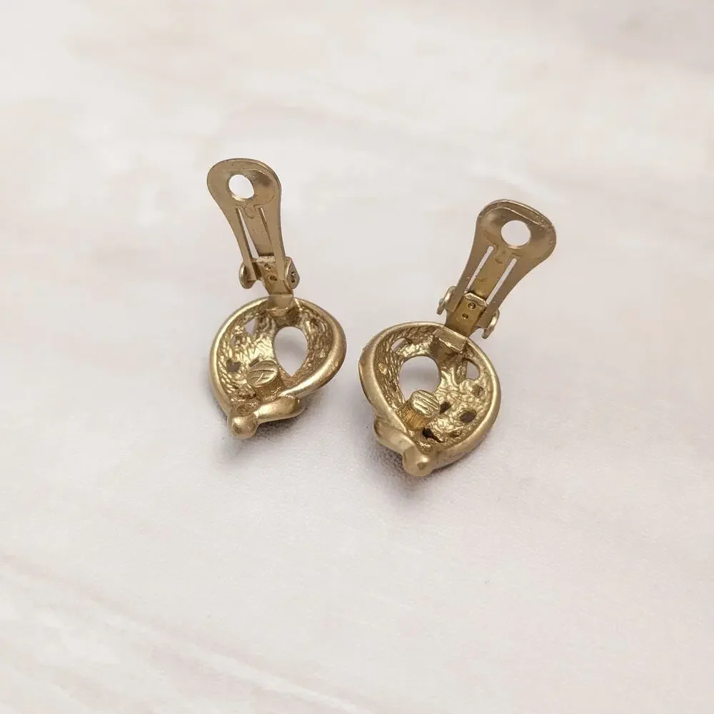 Vintage Clip On Earrings Stylish Matte Gold Tone Ornate Floral Design